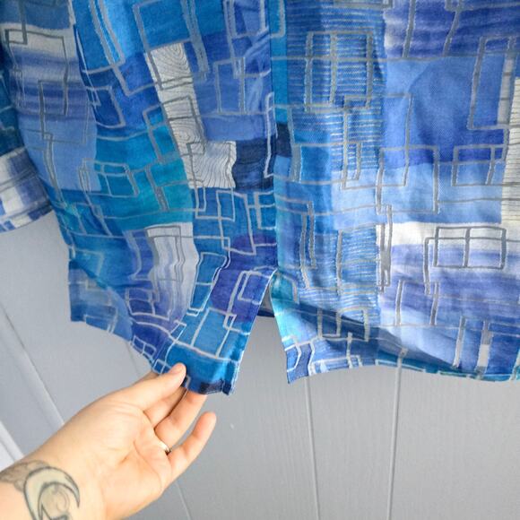 Mirasol Blue Abstract Blouse M – Linen Blend, Classic, Minimalist - Picture 8 of 8